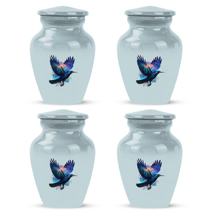 Chrome Silver Crow Cremation Urn side profile showing urn shape - traditional crow engraving with hand-polished finish - 10 inch aluminum urn for cremated remains