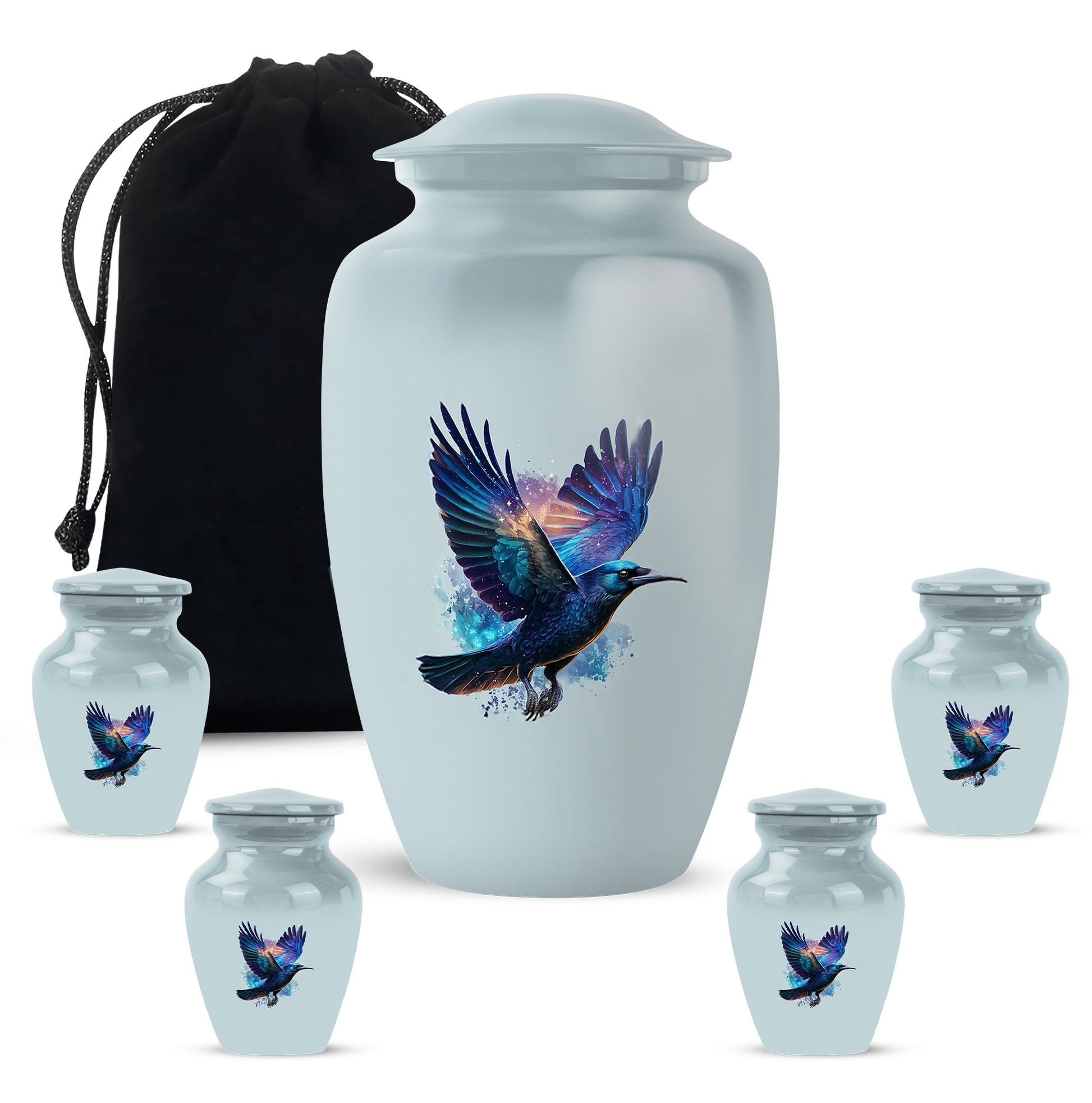 Moonlight Silver Crow Cremation Urn top-down view of secure threaded lid - elegant classic crow relief with fine detailing - memorial set with one large and four small urns