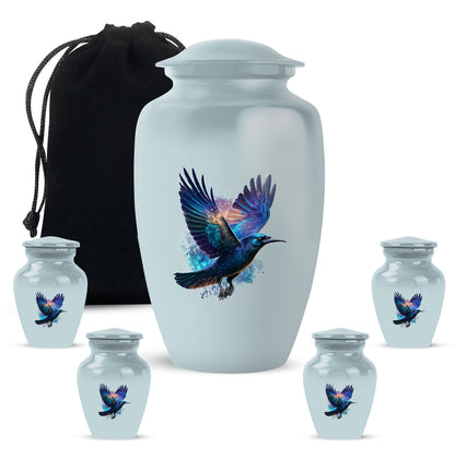 Moonlight Silver Crow Cremation Urn top-down view of secure threaded lid - elegant classic crow relief with fine detailing - memorial set with one large and four small urns