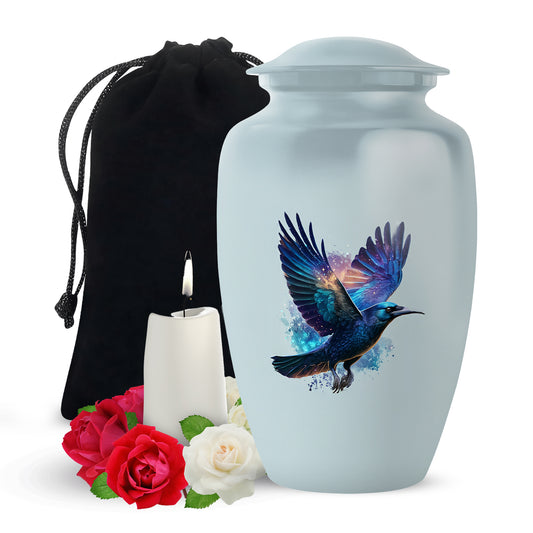 Platinum Silver Crow Cremation Urn angled view of lid and engraved motif - timeless crow motif etched into premium metal - full-size 10 inch 200 cubic inch adult cremation urn