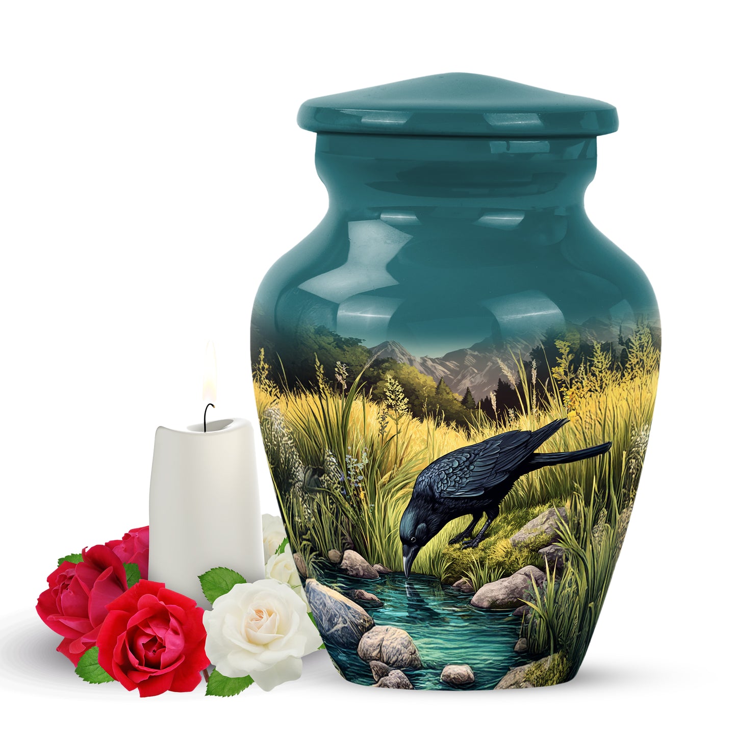 Illustrious Crow Memorial Cremation Urns - Teal 10-inch, 200 cu in - Yatskia