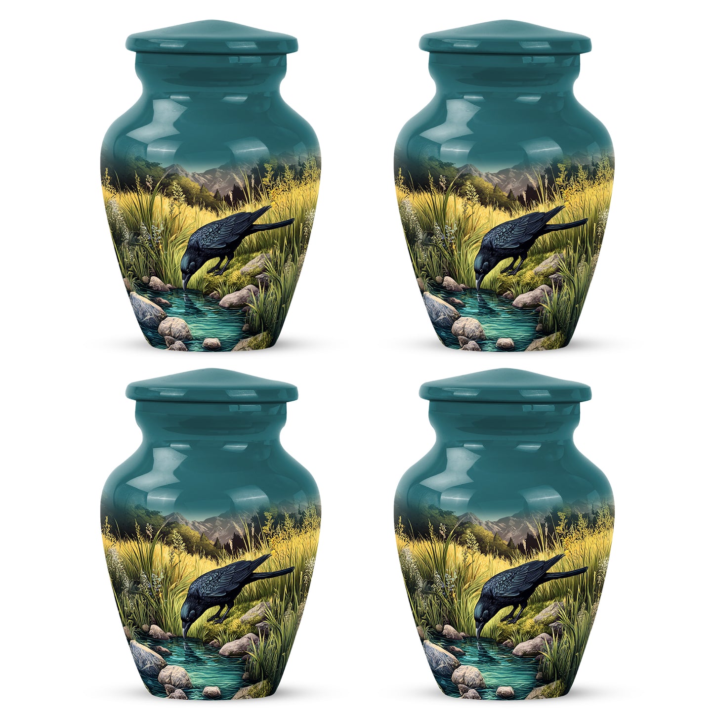 Aqua Teal Crow Cremation Urn side profile showing urn shape - traditional crow engraving with hand-polished finish - 10 inch aluminum urn for cremated remains