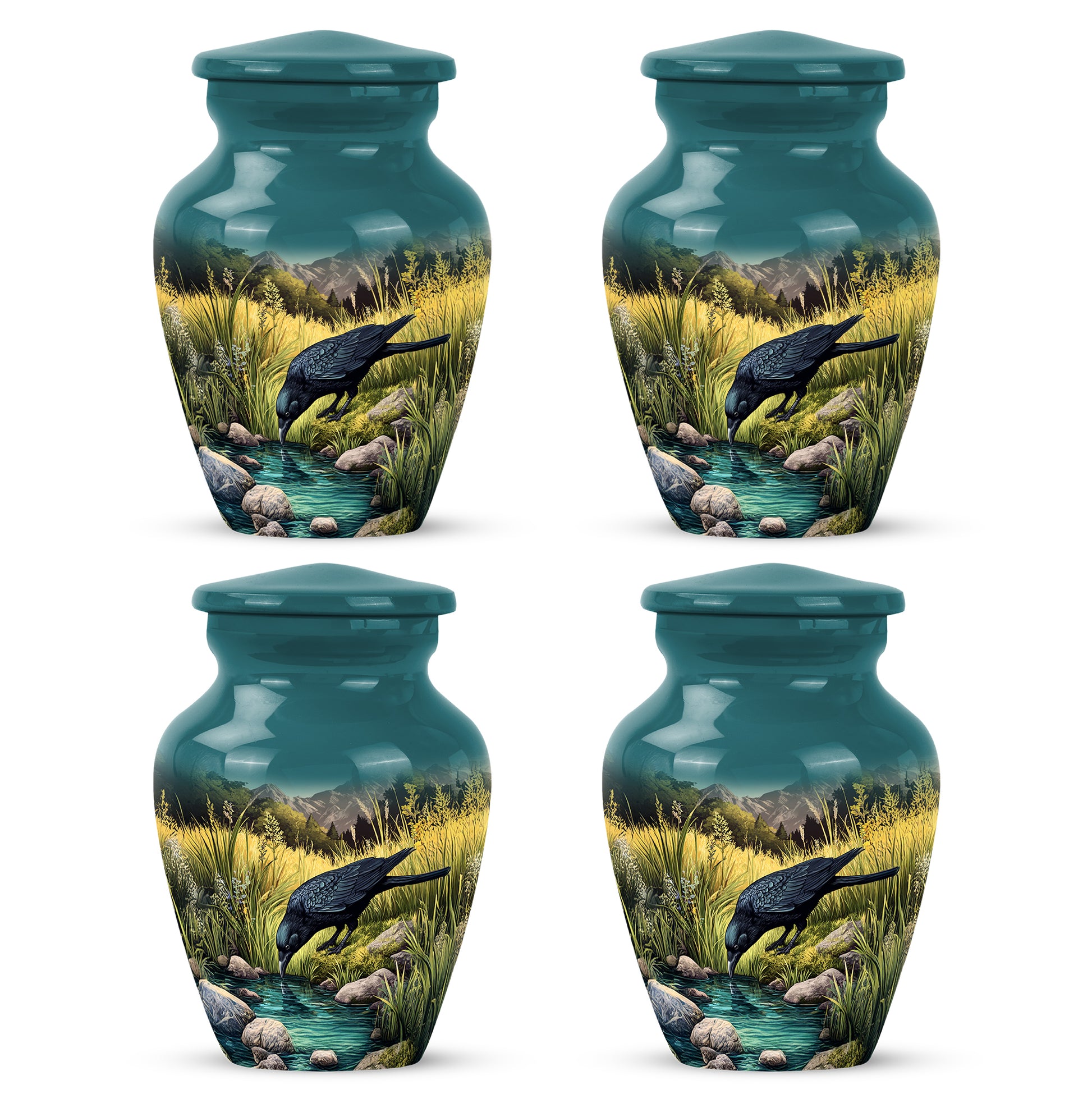 Aqua Teal Crow Cremation Urn side profile showing urn shape - traditional crow engraving with hand-polished finish - 10 inch aluminum urn for cremated remains