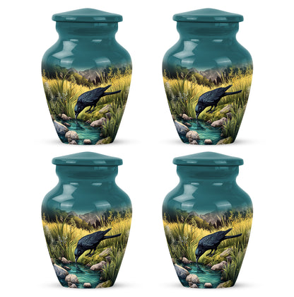 Aqua Teal Crow Cremation Urn side profile showing urn shape - traditional crow engraving with hand-polished finish - 10 inch aluminum urn for cremated remains