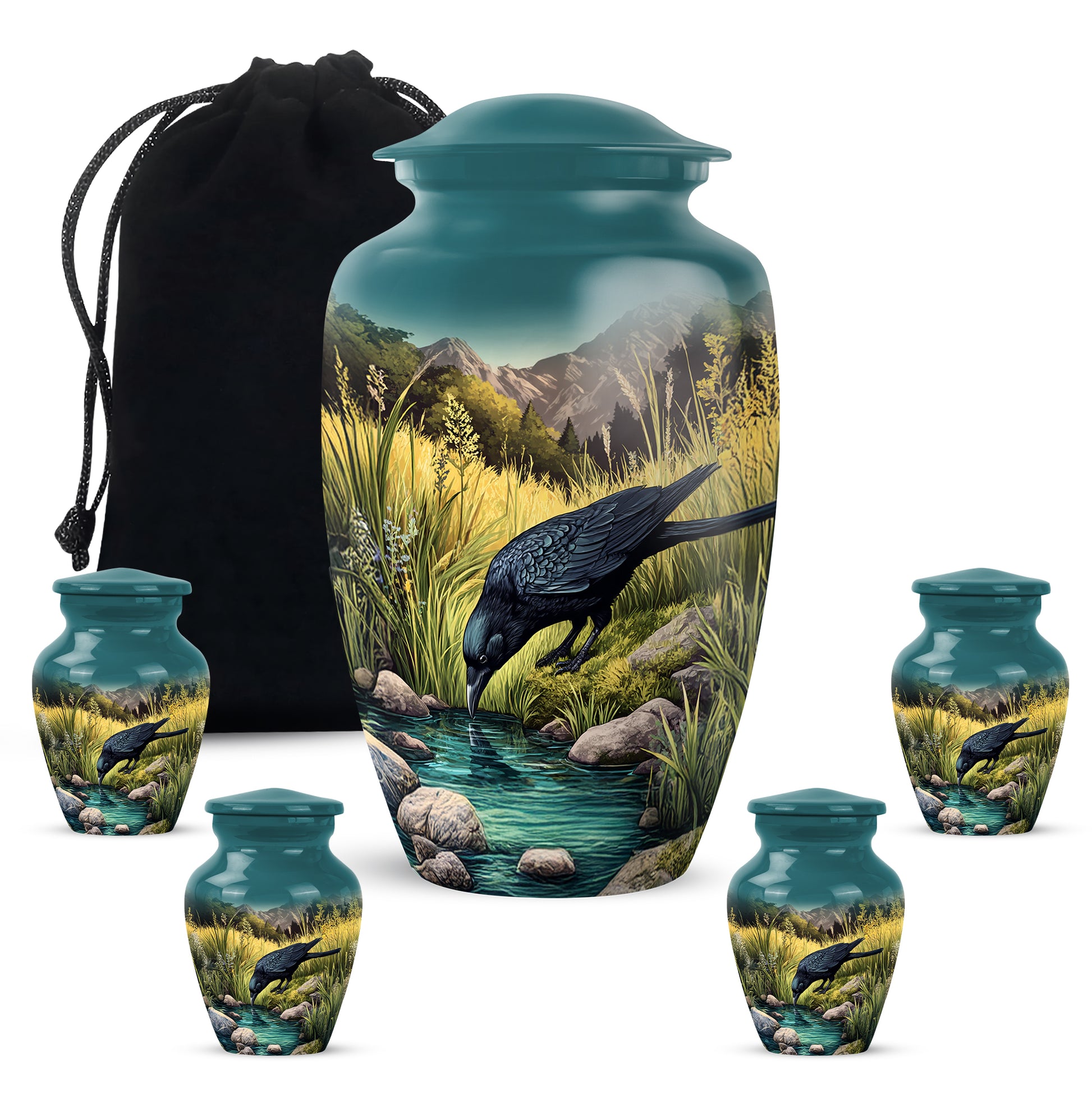 Tropical Teal Crow Cremation Urn top-down view of secure threaded lid - traditional crow engraving with hand-polished finish - memorial set with one large and four small urns