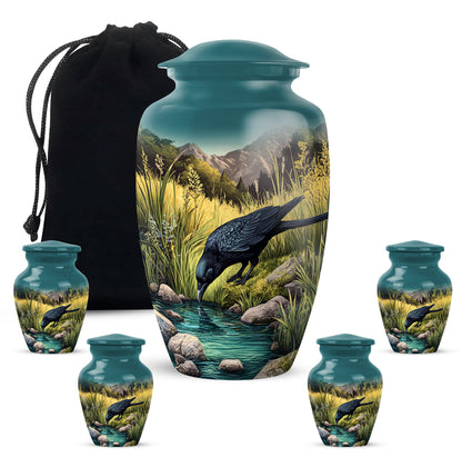 Tropical Teal Crow Cremation Urn top-down view of secure threaded lid - traditional crow engraving with hand-polished finish - memorial set with one large and four small urns