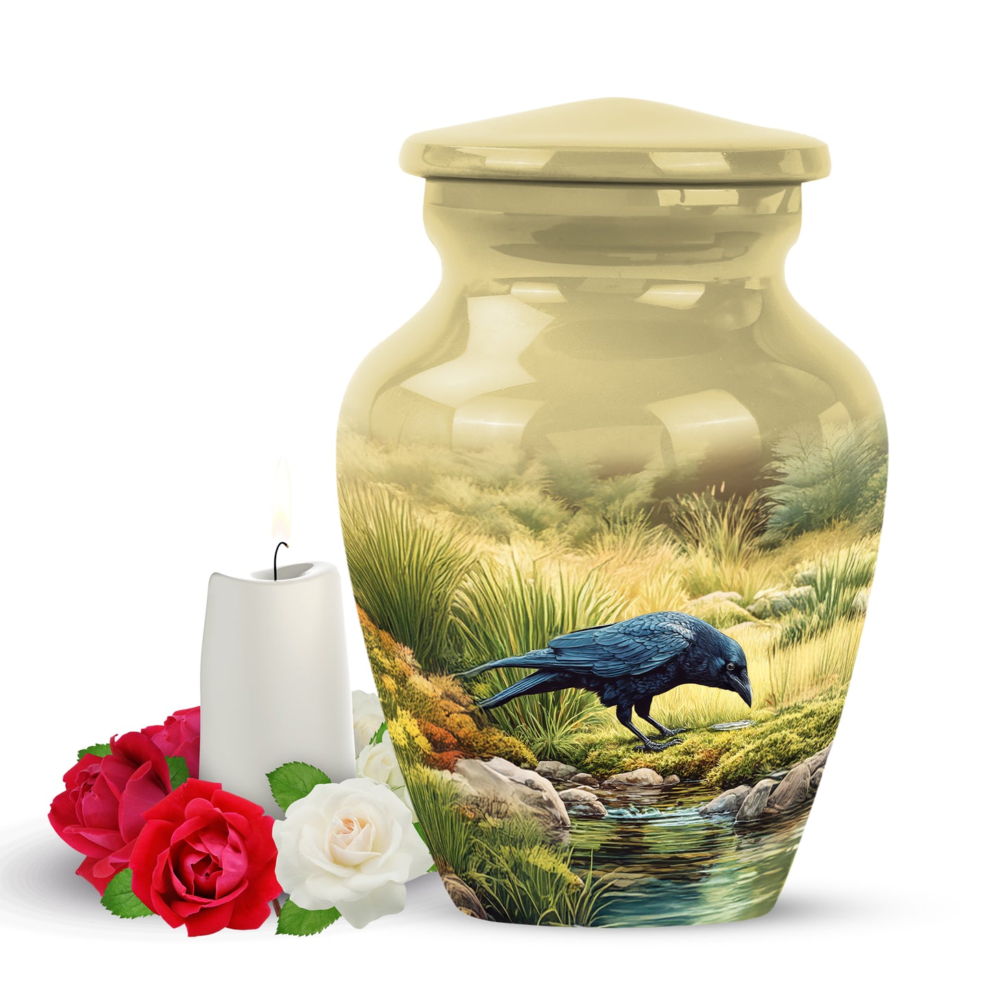 Personalized Magnificent Crow Cremation Urns - Gold 10-inch, 200 cu in - Yatskia