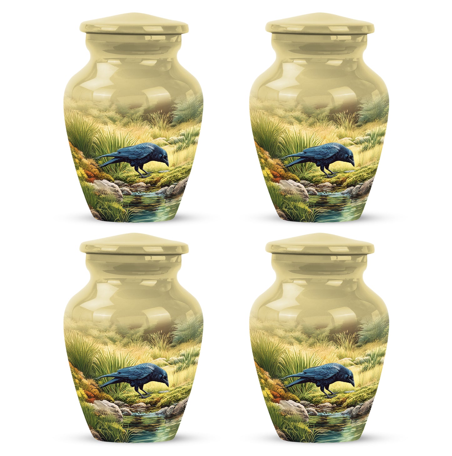 Sunrise Gold Crow Cremation Urn side profile showing urn shape - classic sculpted crow pattern on smooth aluminum - 10 inch aluminum urn for cremated remains