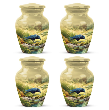 Sunrise Gold Crow Cremation Urn side profile showing urn shape - classic sculpted crow pattern on smooth aluminum - 10 inch aluminum urn for cremated remains