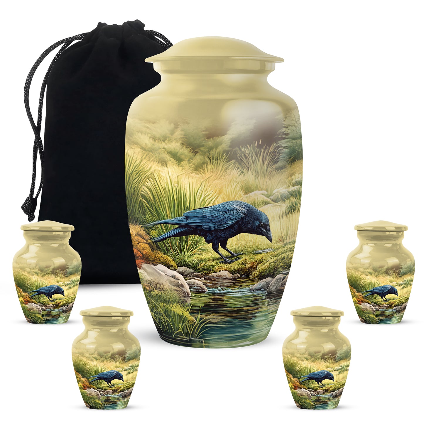 Royal Gold Crow Cremation Urn top-down view of secure threaded lid - elegant classic crow relief with fine detailing - memorial set with one large and four small urns