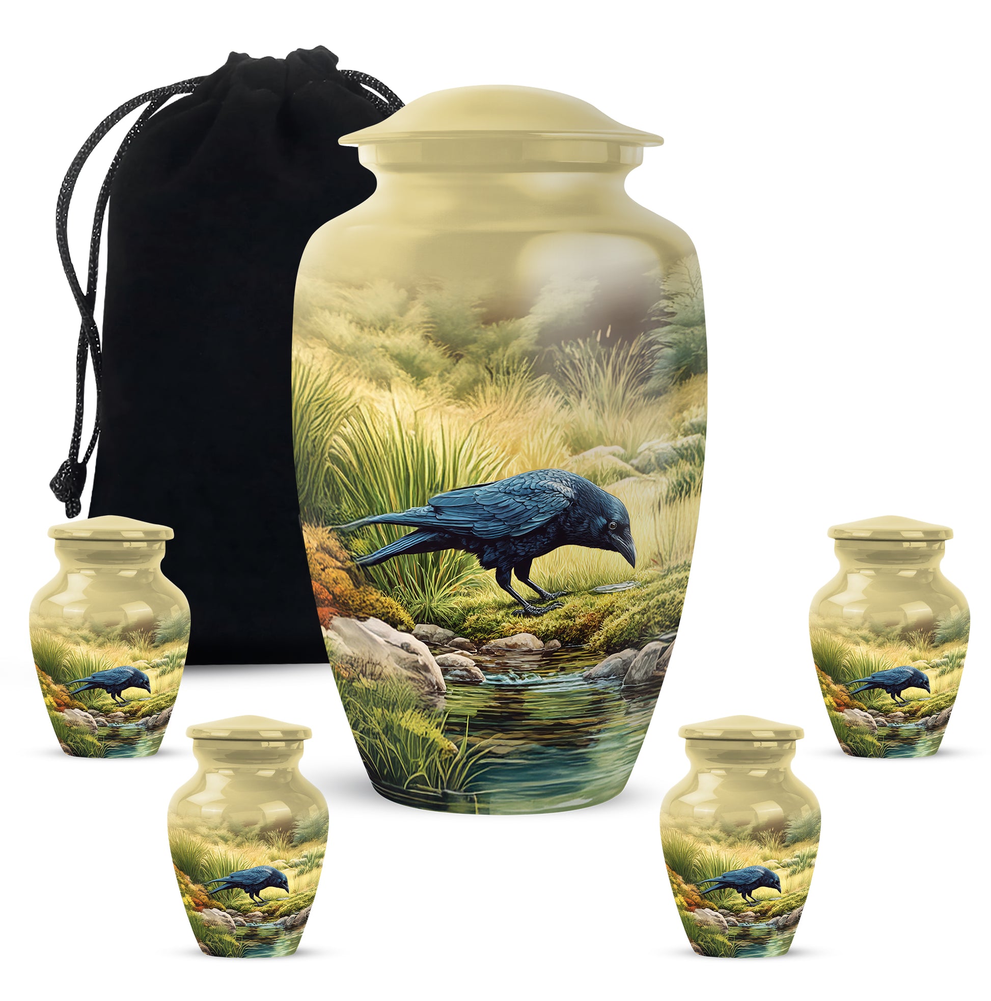 Royal Gold Crow Cremation Urn top-down view of secure threaded lid - elegant classic crow relief with fine detailing - memorial set with one large and four small urns