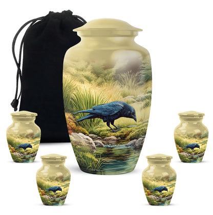 Royal Gold Crow Cremation Urn top-down view of secure threaded lid - elegant classic crow relief with fine detailing - memorial set with one large and four small urns