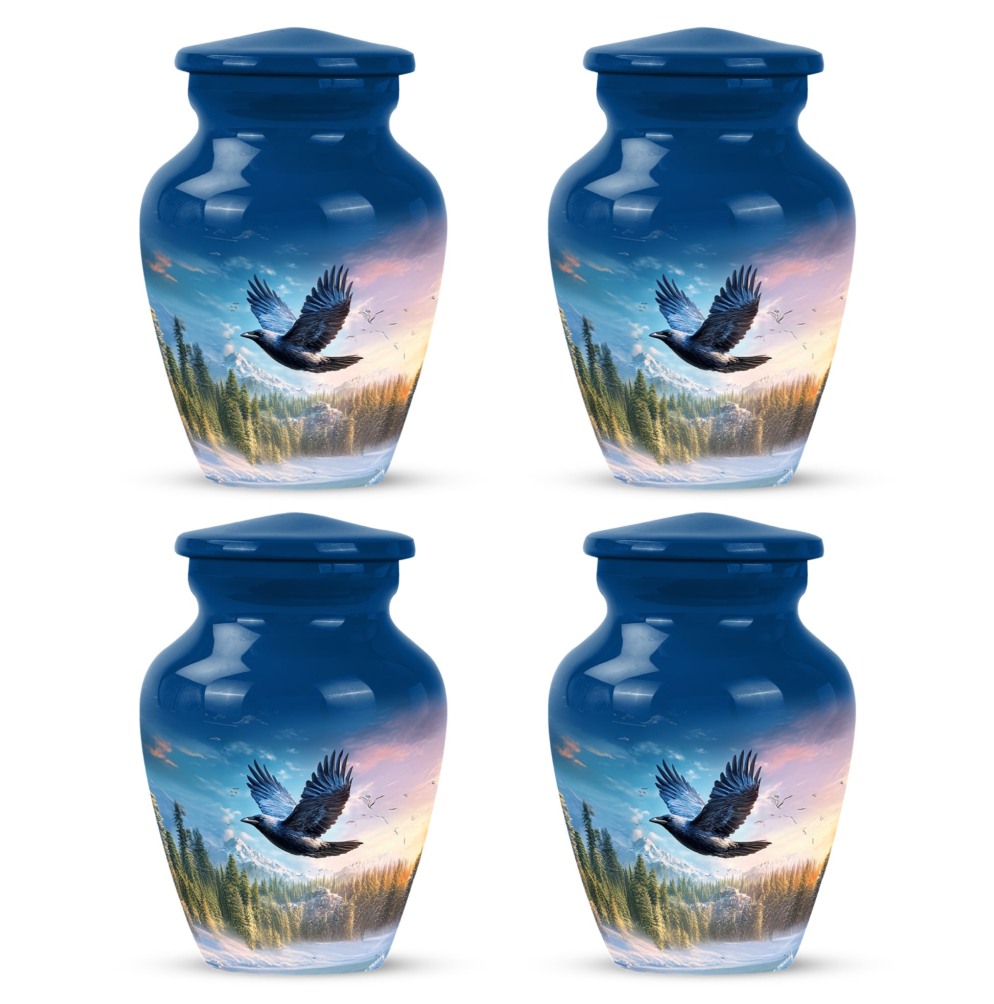 Cornflower Blue Crow Cremation Urn side profile showing urn shape - elegant classic crow relief with fine detailing - 10 inch aluminum urn for cremated remains