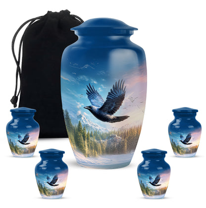 Misty Blue Crow Cremation Urn top-down view of secure threaded lid - classic sculpted crow pattern on smooth aluminum - memorial set with one large and four small urns