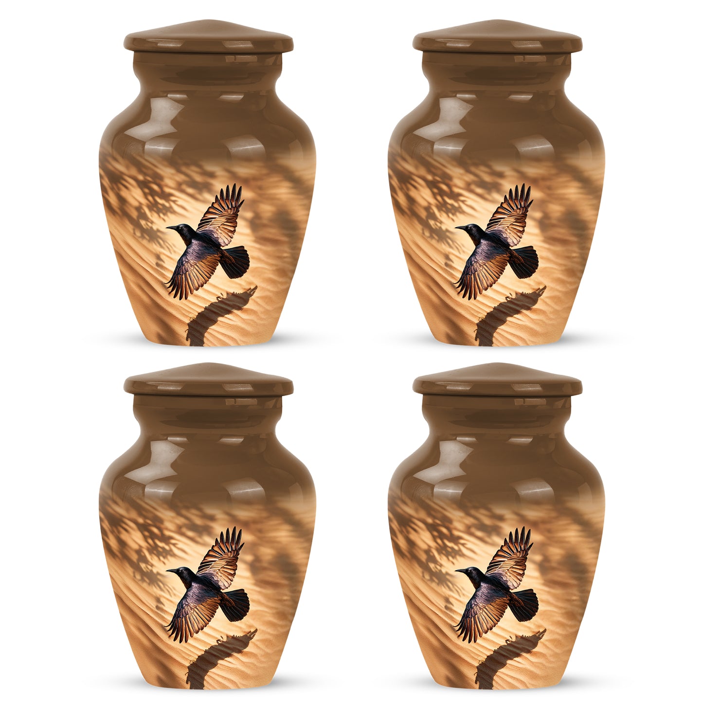 Gilded Gold Crow Cremation Urn side profile showing urn shape - timeless crow motif etched into premium metal - 10 inch aluminum urn for cremated remains