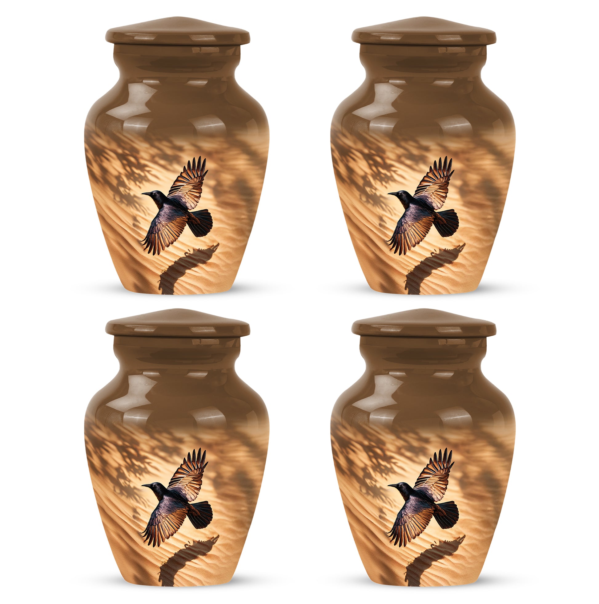 Gilded Gold Crow Cremation Urn side profile showing urn shape - timeless crow motif etched into premium metal - 10 inch aluminum urn for cremated remains