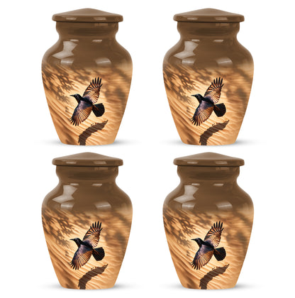 Gilded Gold Crow Cremation Urn side profile showing urn shape - timeless crow motif etched into premium metal - 10 inch aluminum urn for cremated remains