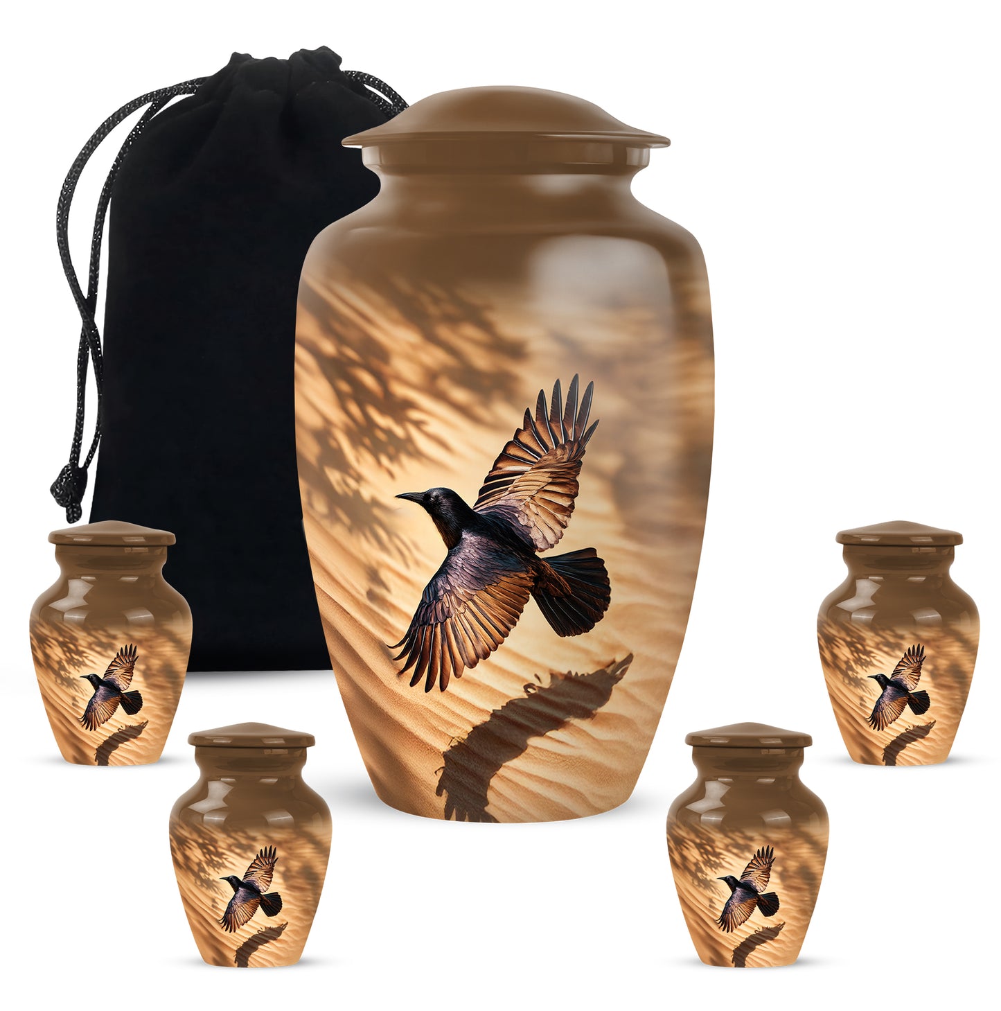 Gilded Gold Crow Cremation Urn top-down view of secure threaded lid - timeless crow motif etched into premium metal - memorial set with one large and four small urns