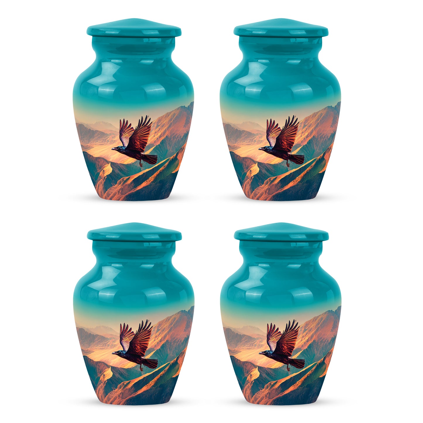 Aqua Teal Crow Cremation Urn side profile showing urn shape - traditional crow engraving with hand-polished finish - 10 inch aluminum urn for cremated remains