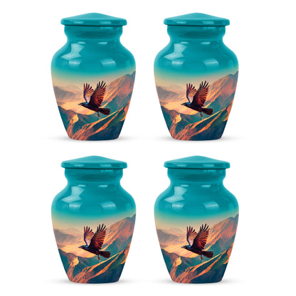 Aqua Teal Crow Cremation Urn side profile showing urn shape - traditional crow engraving with hand-polished finish - 10 inch aluminum urn for cremated remains