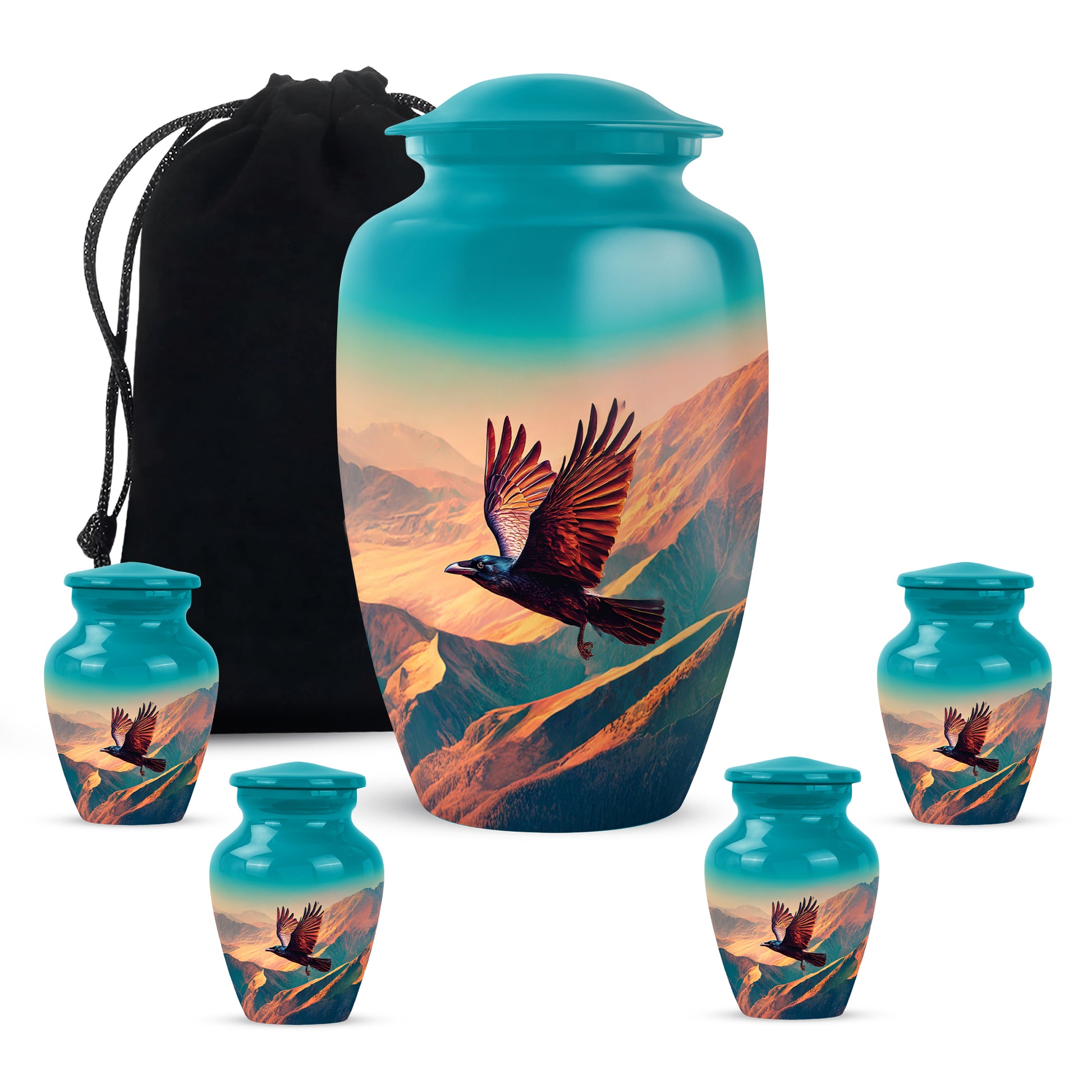 Aqua Teal Crow Cremation Urn top-down view of secure threaded lid - traditional crow engraving with hand-polished finish - memorial set with one large and four small urns