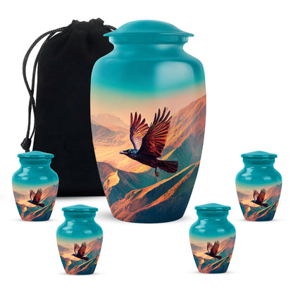 Aqua Teal Crow Cremation Urn top-down view of secure threaded lid - traditional crow engraving with hand-polished finish - memorial set with one large and four small urns