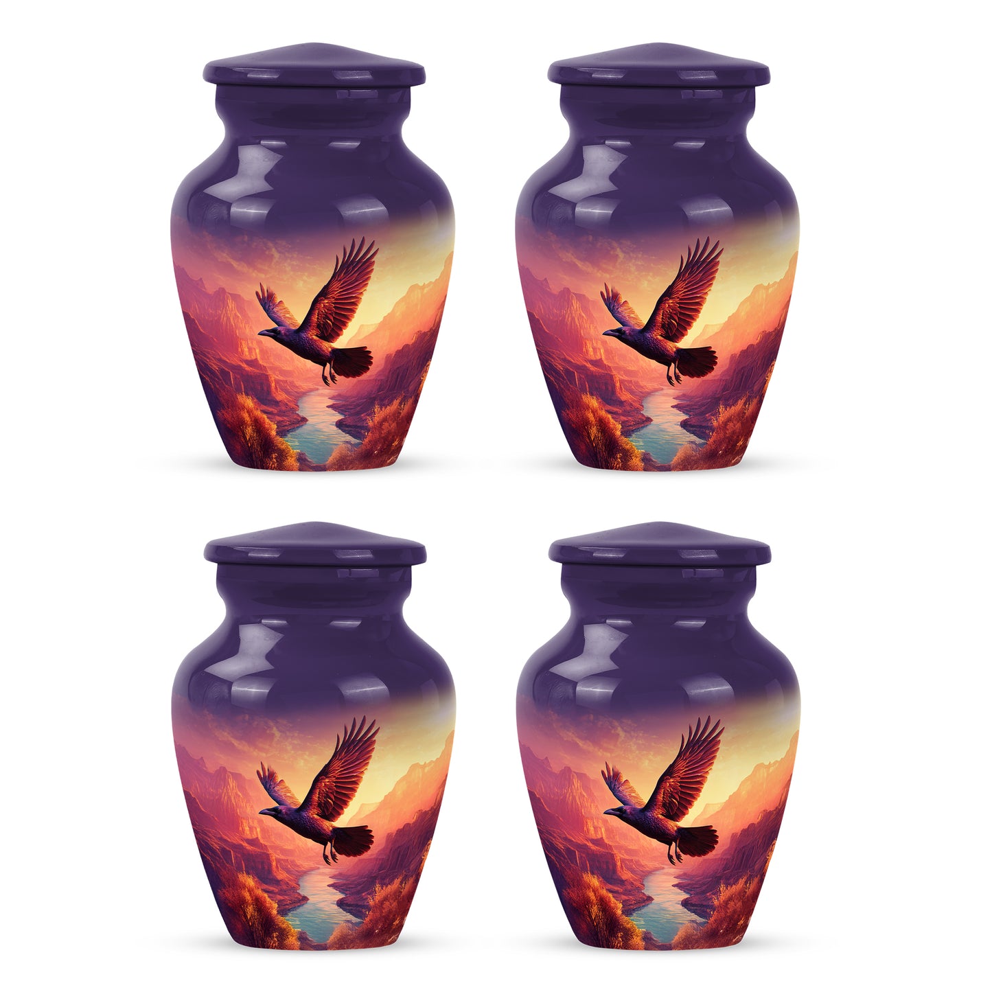 Violet Purple Crow Cremation Urn side profile showing urn shape - traditional crow engraving with hand-polished finish - 10 inch aluminum urn for cremated remains