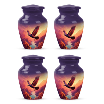Violet Purple Crow Cremation Urn side profile showing urn shape - traditional crow engraving with hand-polished finish - 10 inch aluminum urn for cremated remains