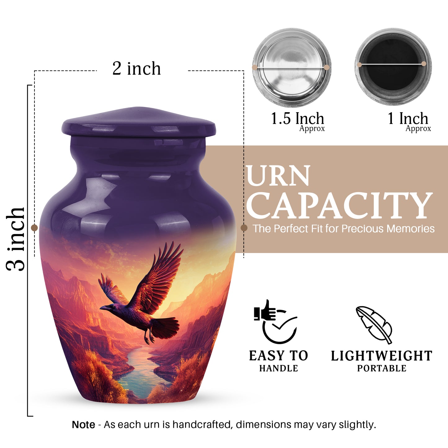 Amethyst Purple Crow Cremation Urn close-up of engraving and surface detail - classic sculpted crow pattern on smooth aluminum - mini keepsake memorial for portion of cremation ashes