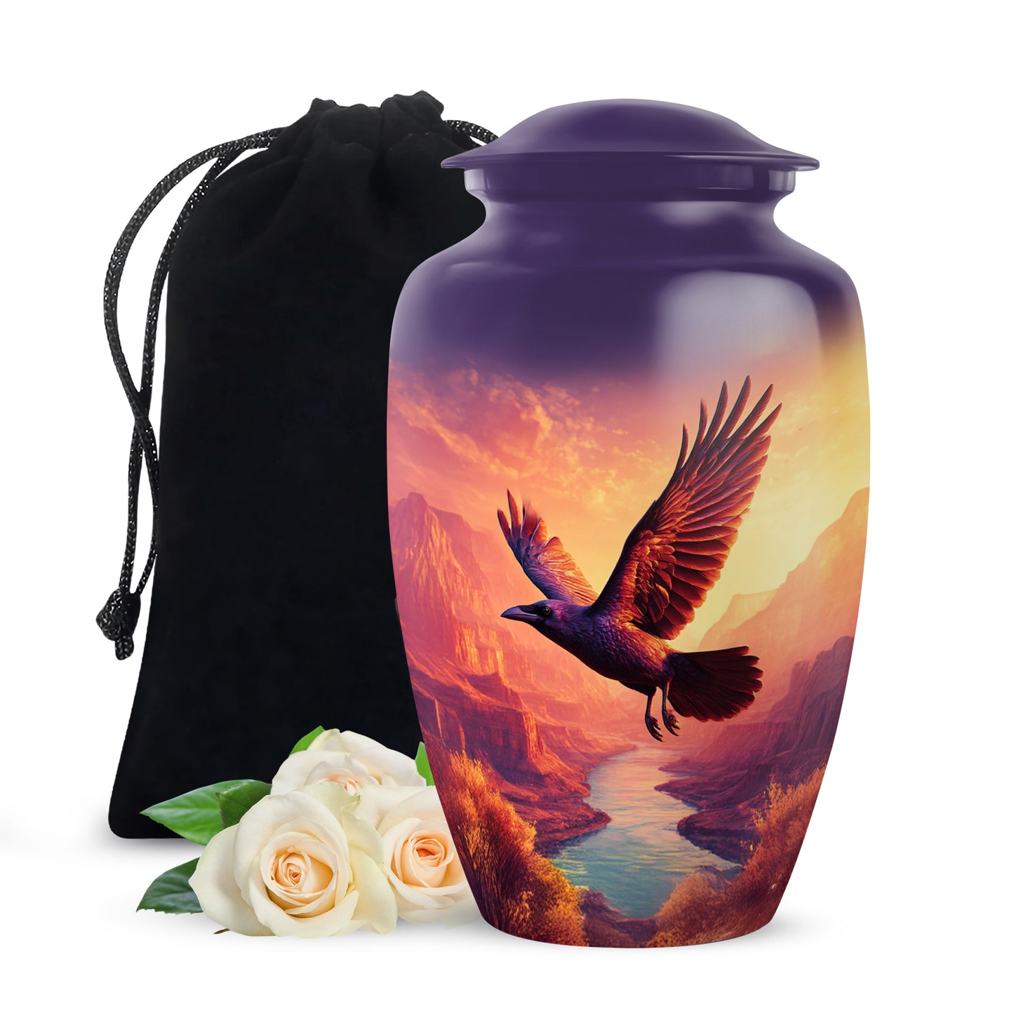 Lavender Purple Crow Cremation Urn angled view of lid and engraved motif - elegant classic crow relief with fine detailing - full-size 10 inch 200 cubic inch adult cremation urn