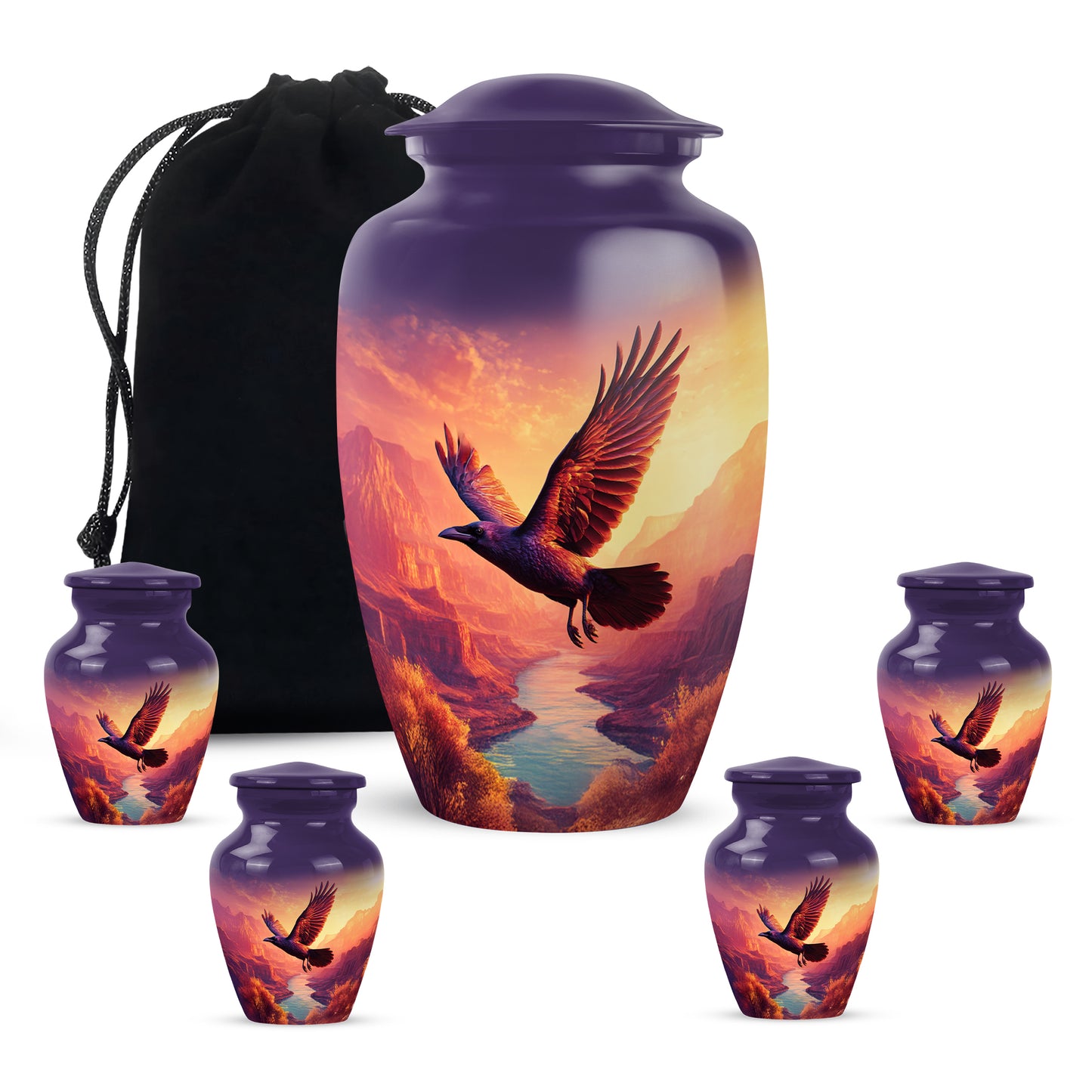 Lavender Purple Crow Cremation Urn top-down view of secure threaded lid - traditional crow engraving with hand-polished finish - memorial set with one large and four small urns