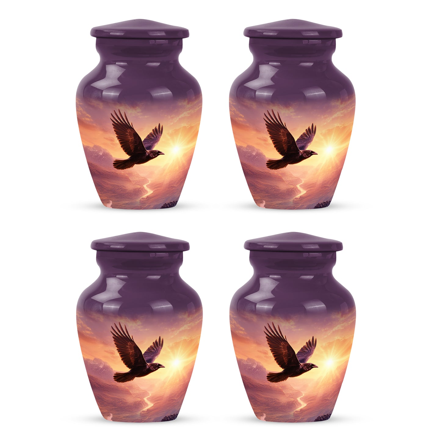 Dusty Pink Crow Cremation Urn side profile showing urn shape - traditional crow engraving with hand-polished finish - 10 inch aluminum urn for cremated remains