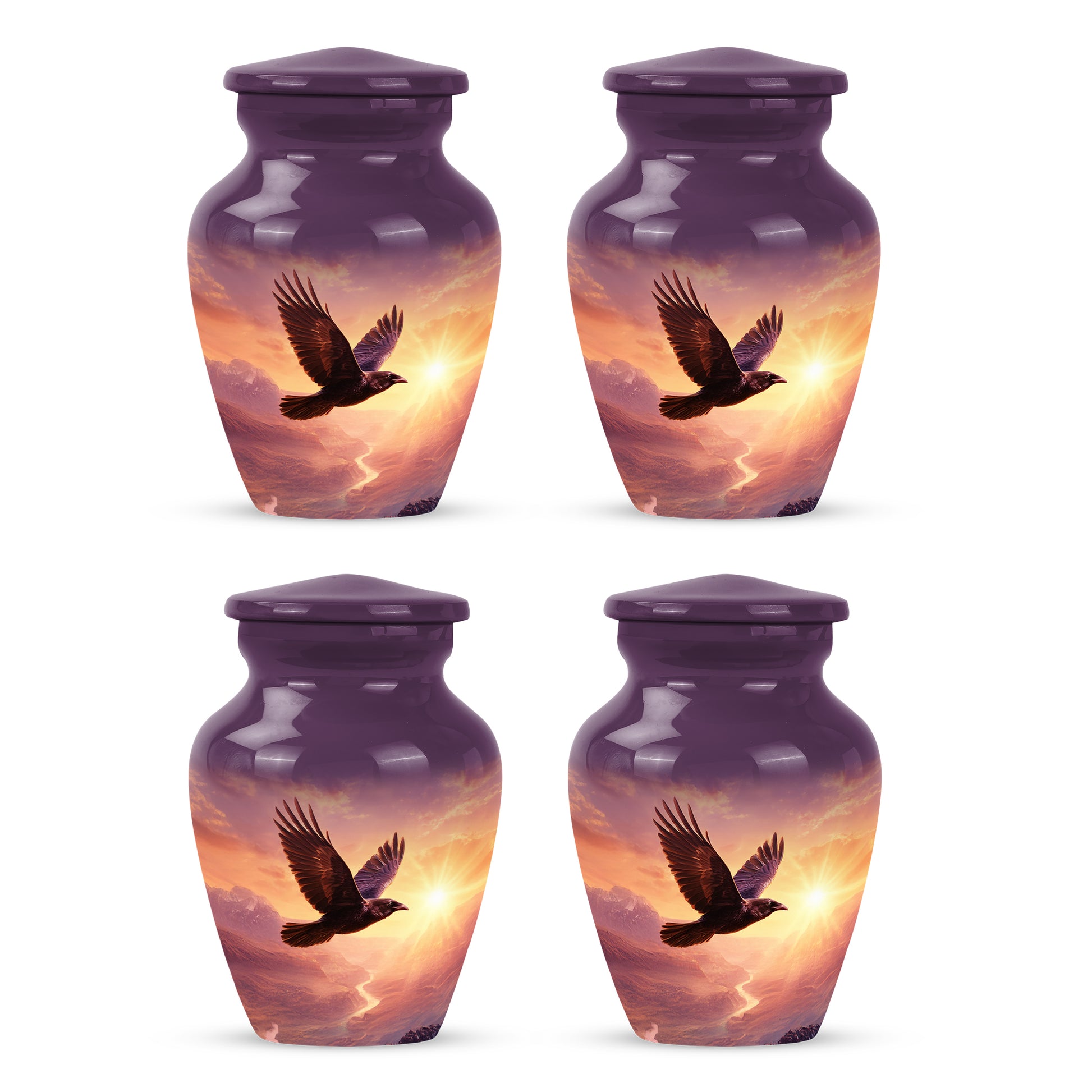 Dusty Pink Crow Cremation Urn side profile showing urn shape - traditional crow engraving with hand-polished finish - 10 inch aluminum urn for cremated remains