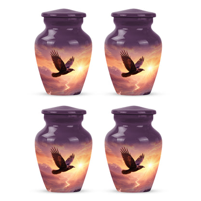 Dusty Pink Crow Cremation Urn side profile showing urn shape - traditional crow engraving with hand-polished finish - 10 inch aluminum urn for cremated remains