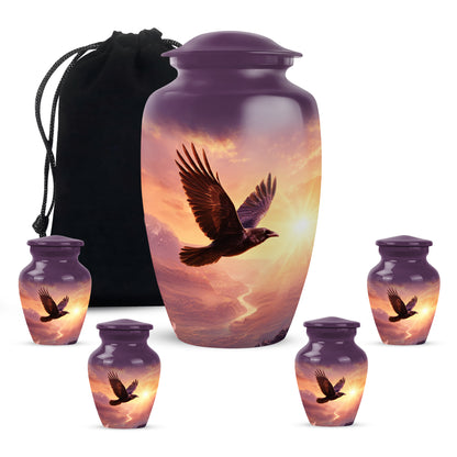 Rose Pink Crow Cremation Urn top-down view of secure threaded lid - classic sculpted crow pattern on smooth aluminum - memorial set with one large and four small urns