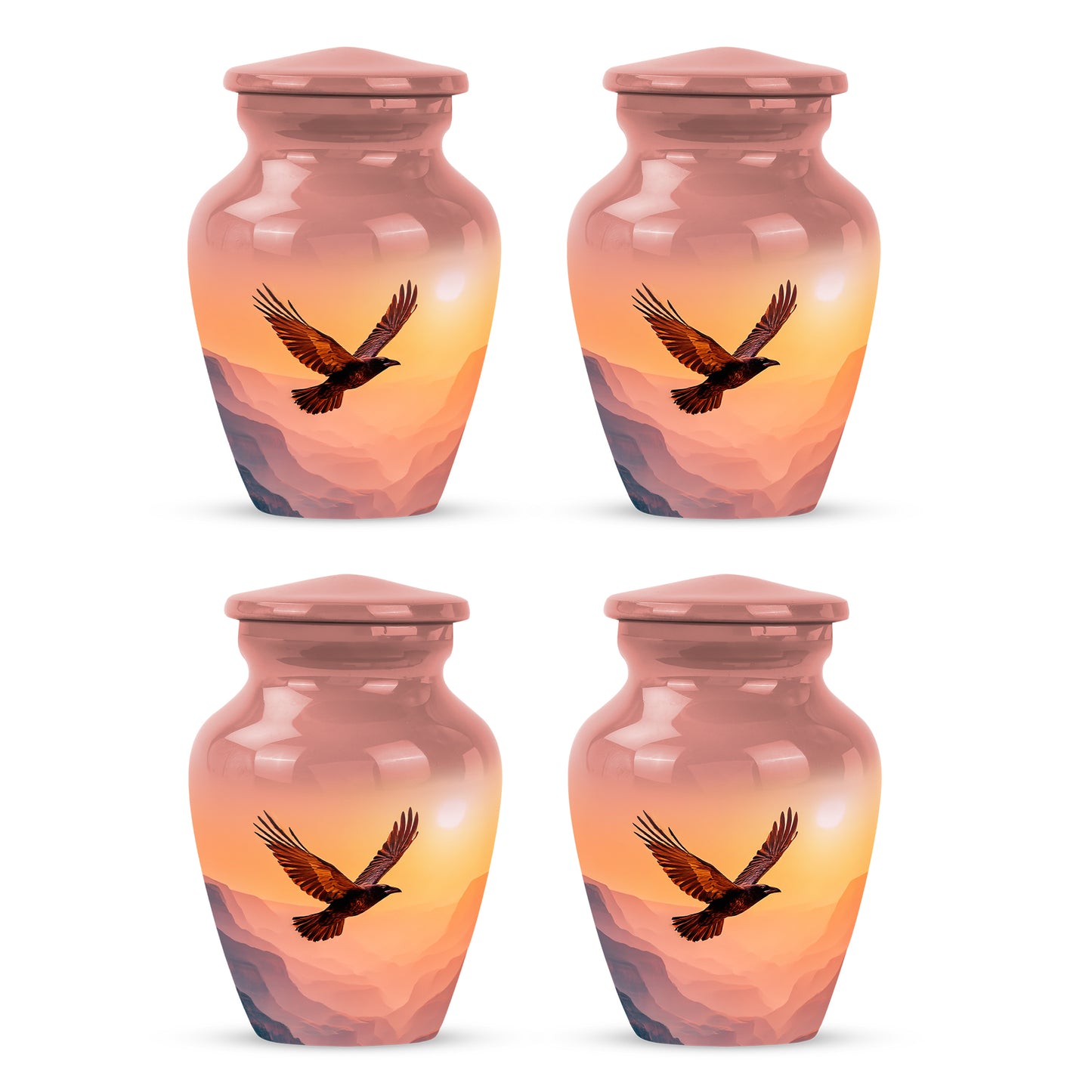 Fiery Red Crow Cremation Urn side profile showing urn shape - elegant classic crow relief with fine detailing - 10 inch aluminum urn for cremated remains