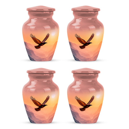 Fiery Red Crow Cremation Urn side profile showing urn shape - elegant classic crow relief with fine detailing - 10 inch aluminum urn for cremated remains