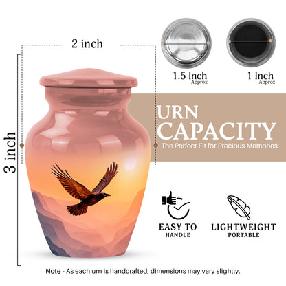 Deep Red Crow Cremation Urn close-up of engraving and surface detail - timeless crow motif etched into premium metal - mini keepsake memorial for portion of cremation ashes