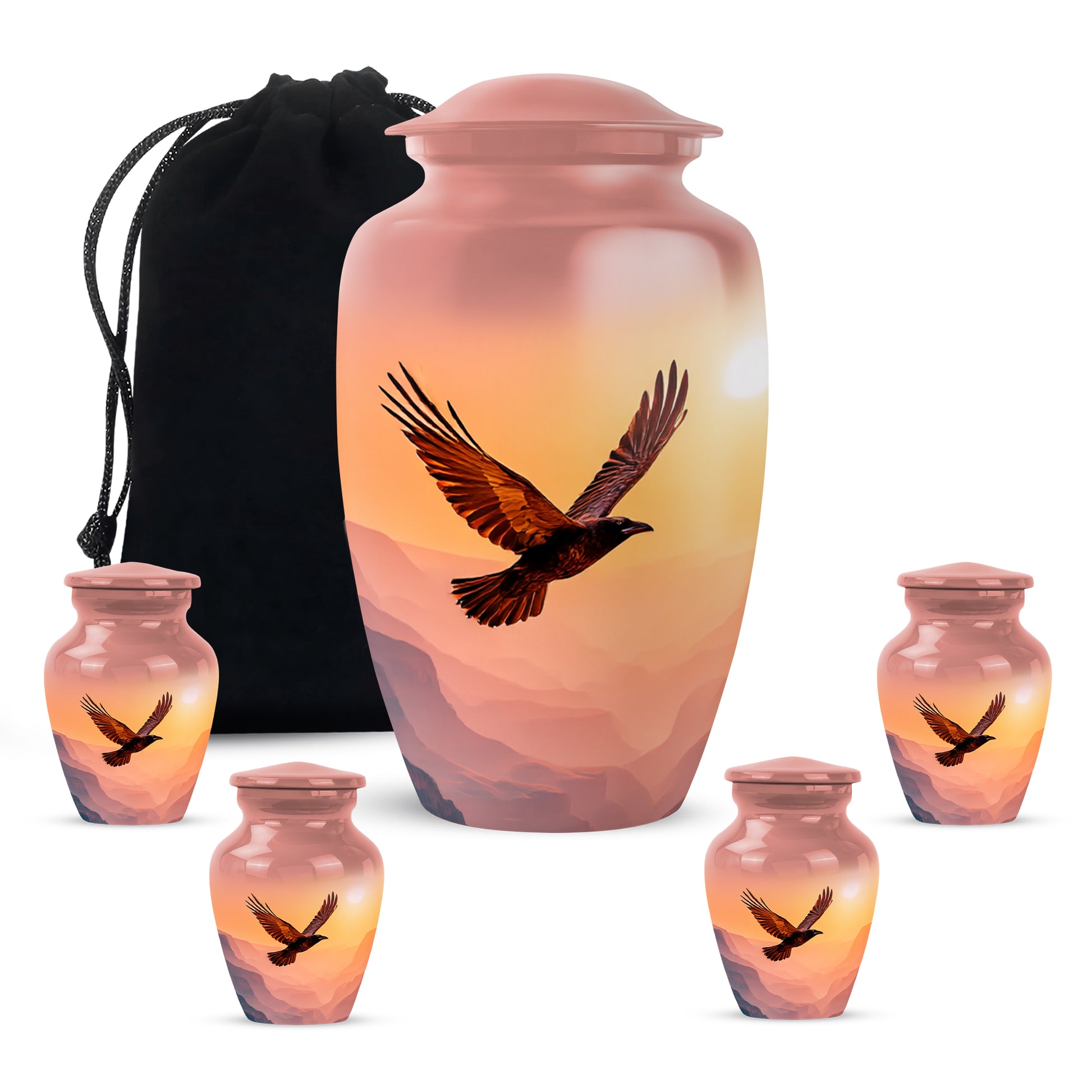 Burgundy Red Crow Cremation Urn top-down view of secure threaded lid - timeless crow motif etched into premium metal - memorial set with one large and four small urns