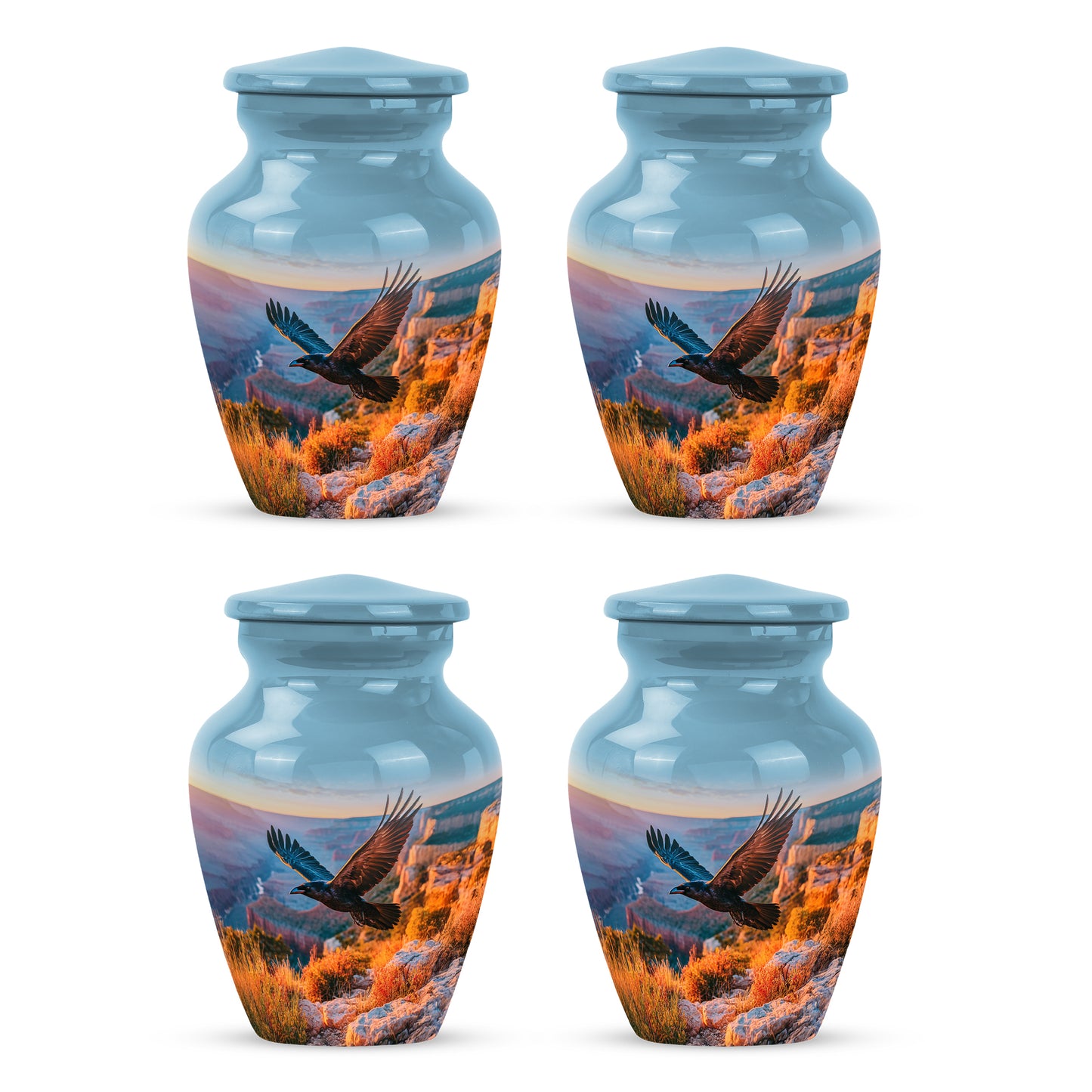 Calming Blue Crow Cremation Urn side profile showing urn shape - elegant classic crow relief with fine detailing - 10 inch aluminum urn for cremated remains