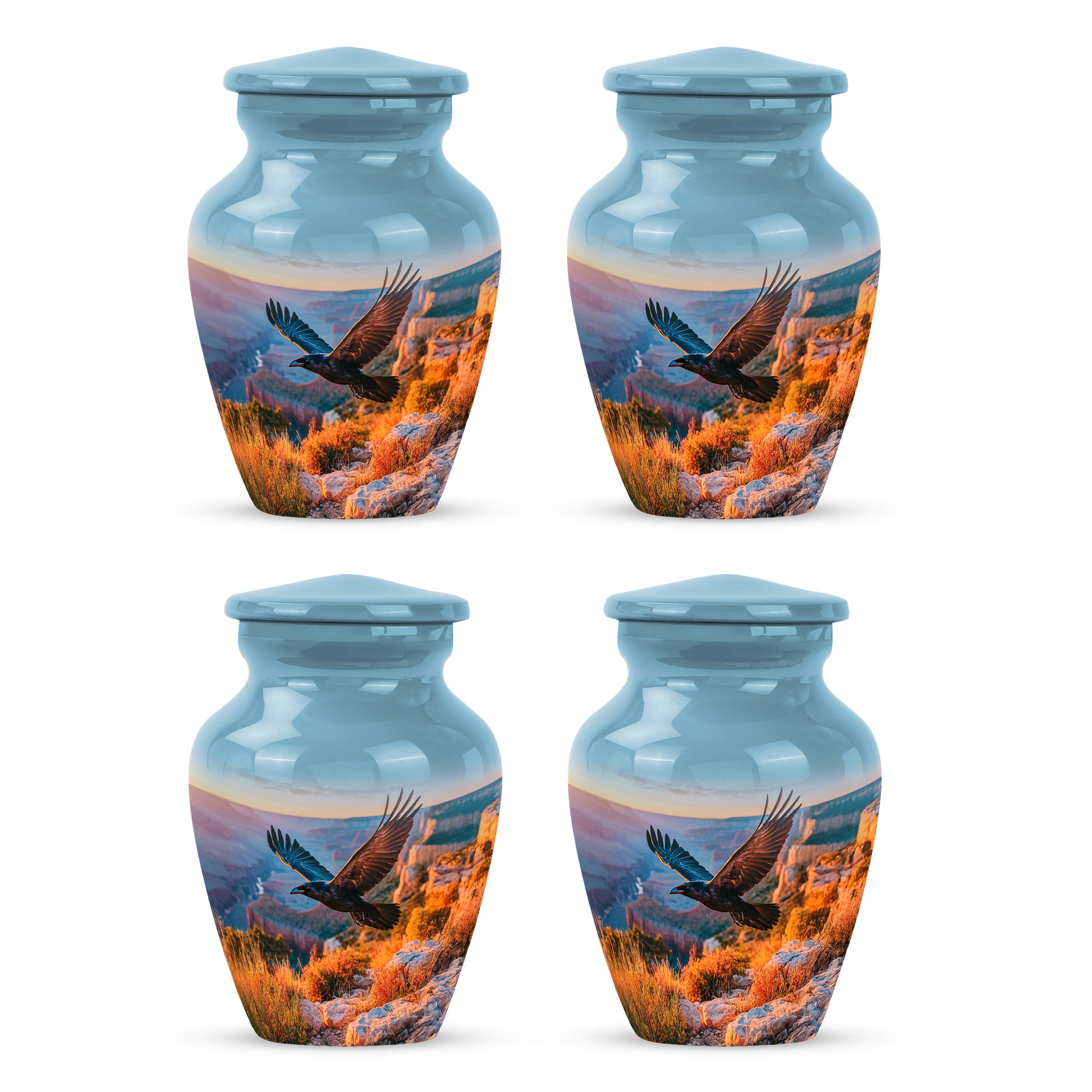 Calming Blue Crow Cremation Urn side profile showing urn shape - elegant classic crow relief with fine detailing - 10 inch aluminum urn for cremated remains