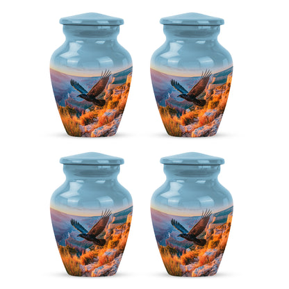 Calming Blue Crow Cremation Urn side profile showing urn shape - elegant classic crow relief with fine detailing - 10 inch aluminum urn for cremated remains