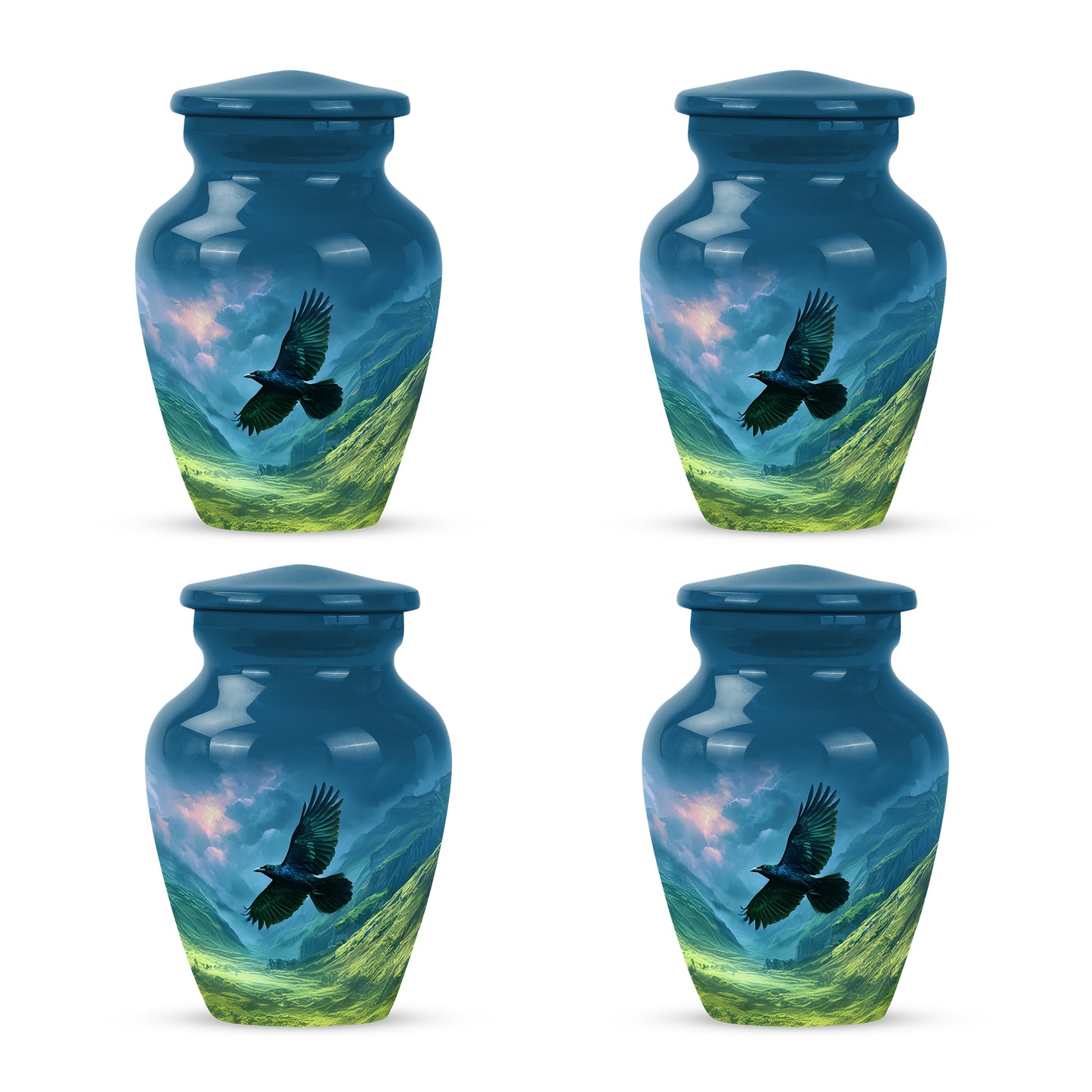 Powder Blue Crow Cremation Urn side profile showing urn shape - classic sculpted crow pattern on smooth aluminum - 10 inch aluminum urn for cremated remains