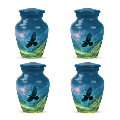 Powder Blue Crow Cremation Urn side profile showing urn shape - classic sculpted crow pattern on smooth aluminum - 10 inch aluminum urn for cremated remains