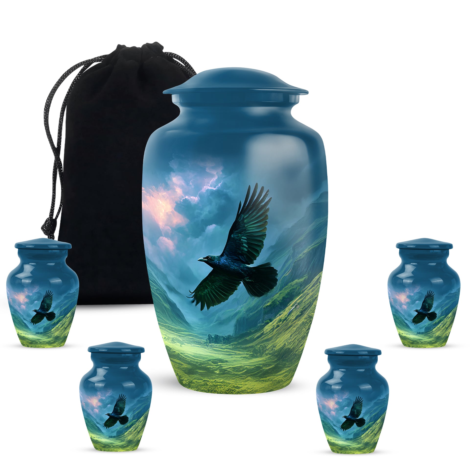 Powder Blue Crow Cremation Urn top-down view of secure threaded lid - classic sculpted crow pattern on smooth aluminum - memorial set with one large and four small urns