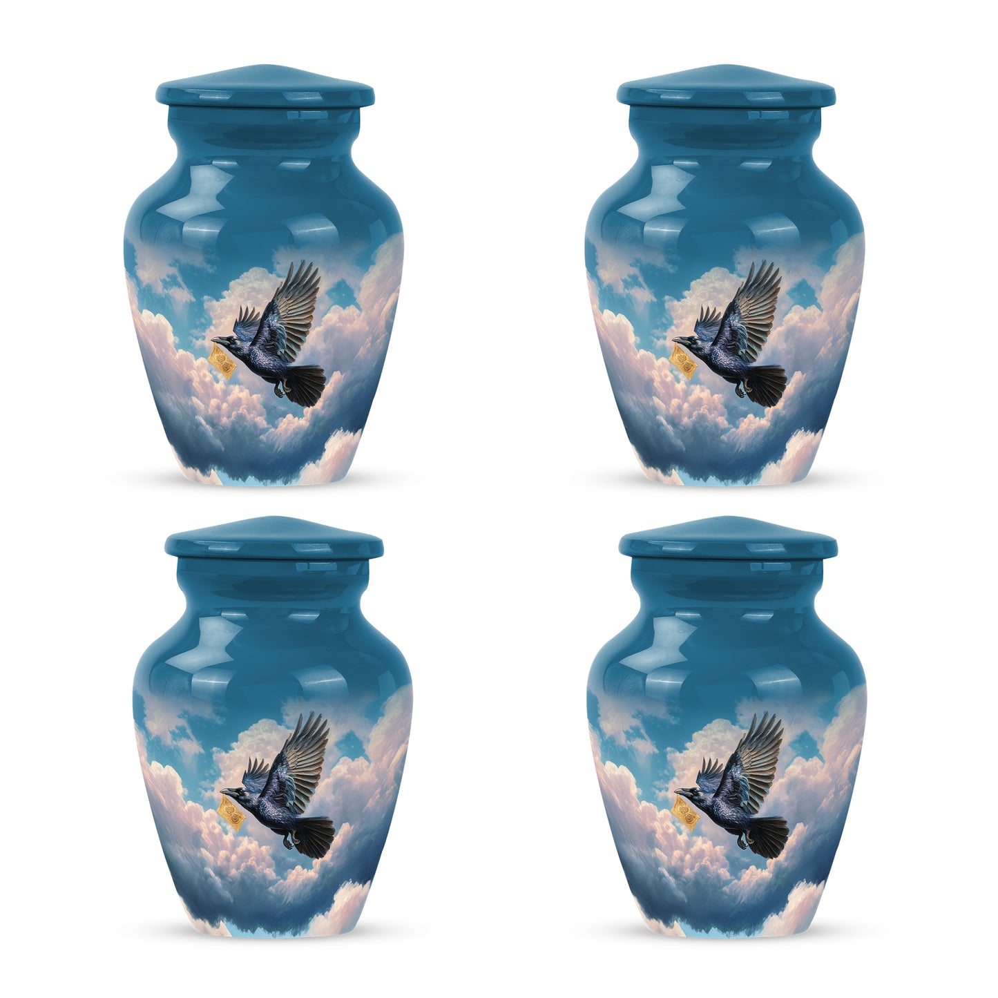 Slate Blue Crow Cremation Urn side profile showing urn shape - timeless crow motif etched into premium metal - 10 inch aluminum urn for cremated remains
