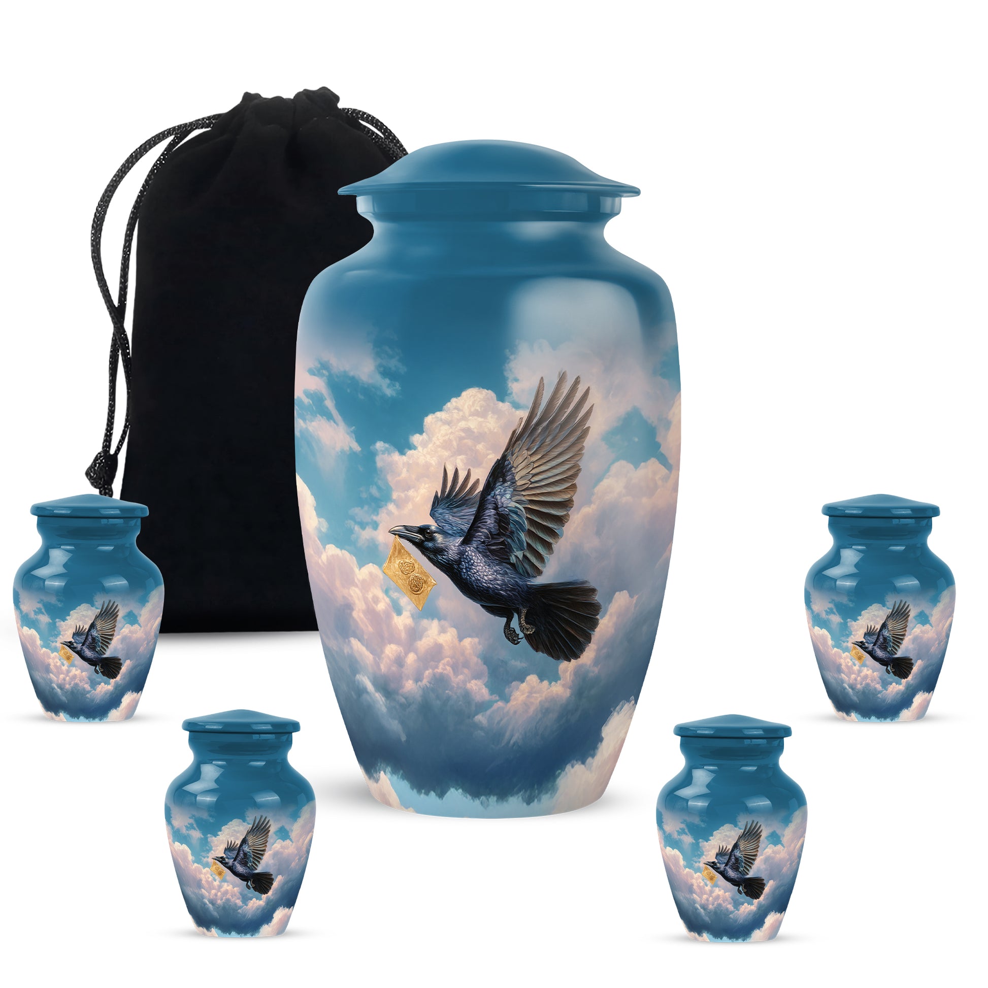 Steel Blue Crow Cremation Urn top-down view of secure threaded lid - elegant classic crow relief with fine detailing - memorial set with one large and four small urns
