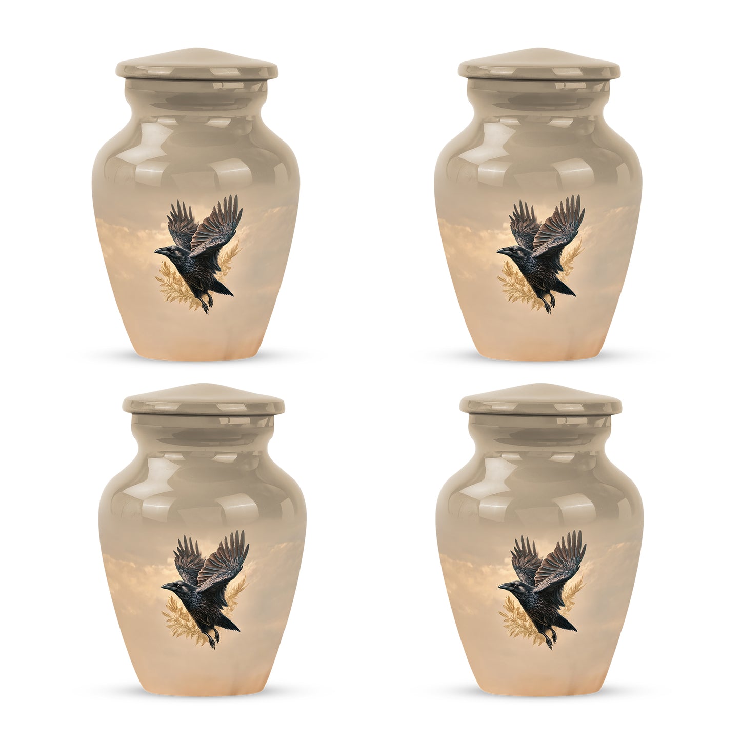 Antique Gold Crow Cremation Urn side profile showing urn shape - classic sculpted crow pattern on smooth aluminum - 10 inch aluminum urn for cremated remains