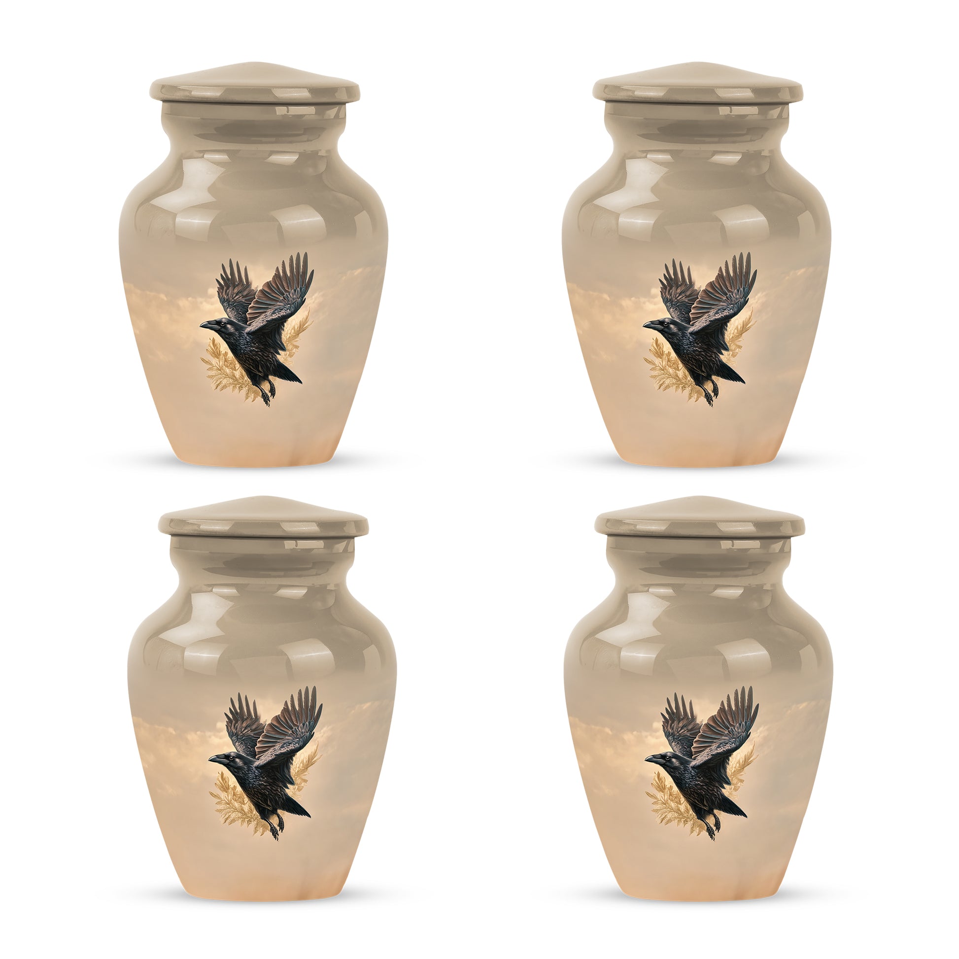 Antique Gold Crow Cremation Urn side profile showing urn shape - classic sculpted crow pattern on smooth aluminum - 10 inch aluminum urn for cremated remains