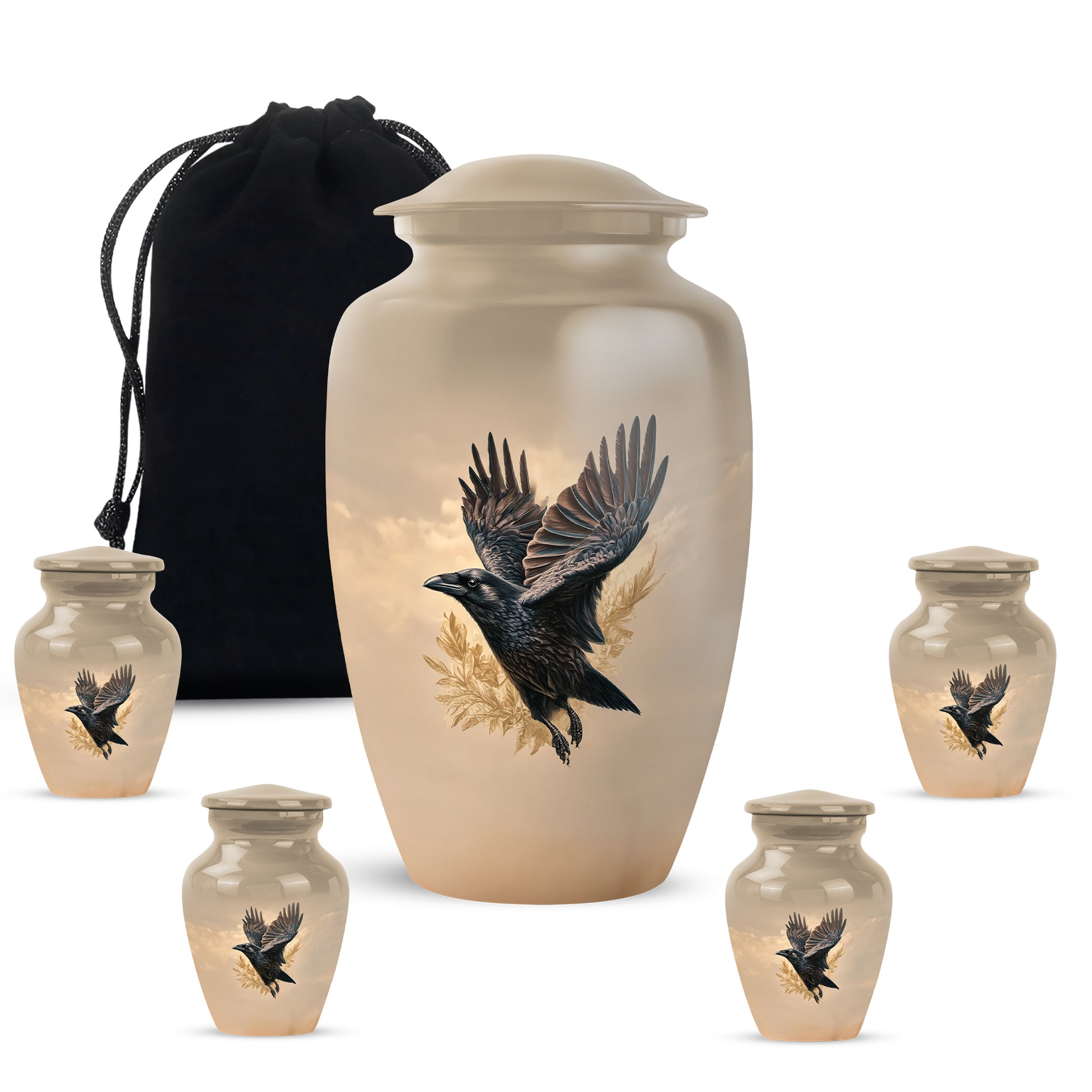 Sunrise Gold Crow Cremation Urn top-down view of secure threaded lid - classic sculpted crow pattern on smooth aluminum - memorial set with one large and four small urns